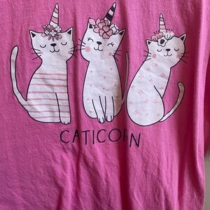 Pink Short Sleeve Tee with Whimsical Cats and Unicorn Horns